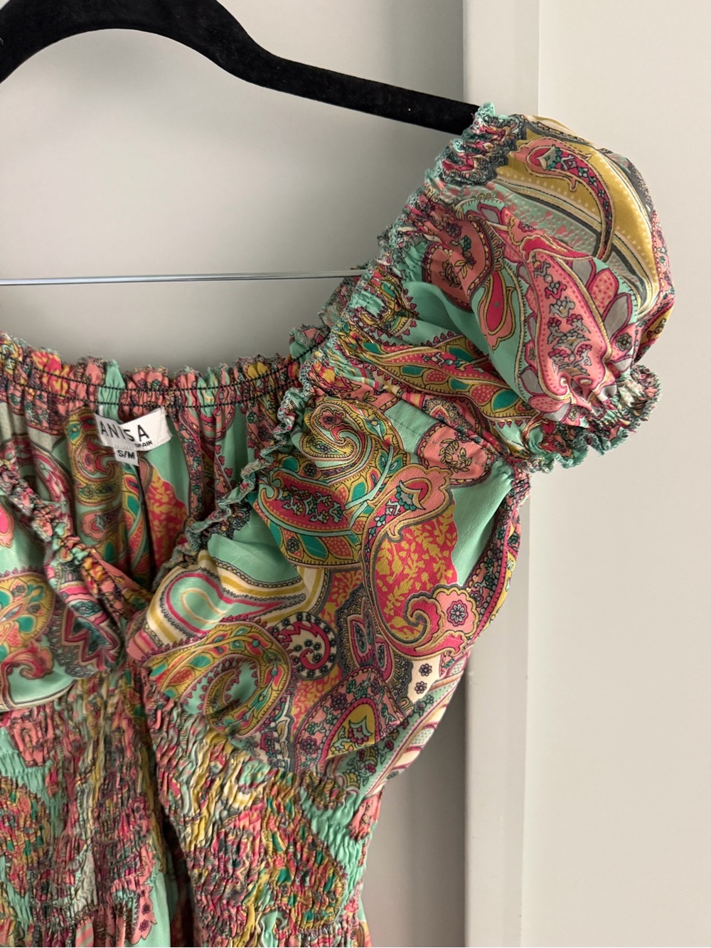 Anisa Spain Multi-Colored Green Orange Paisley Smocked Mini Dress - Size S/M - Picture 10 of 13